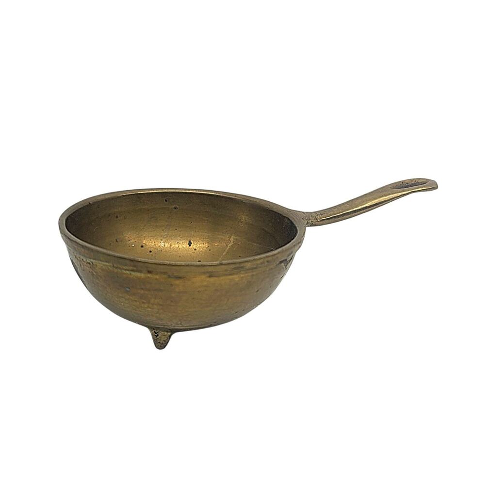 Vintage Small Solid Brass Footed Pot Skillet With Handle Etched Design 4"x1.5"